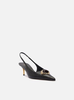 Scarpin Preto Couro Salto Baixo Slingback Pedraria