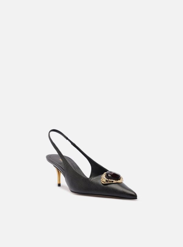 Scarpin Preto Couro Salto Baixo Slingback Pedraria