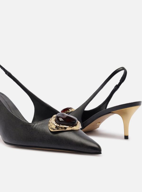 Scarpin Preto Couro Salto Baixo Slingback Pedraria - Imagem 3