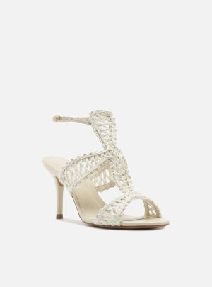 Sandália Off-White Salto Fino Tiras Bordadas
