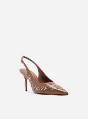 Scarpin Marrom Couro Salto Fino Slingback Recortes
