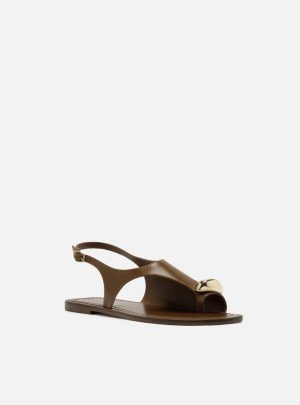 Rasteira Marrom Couro Semi Coberta Metal Bold