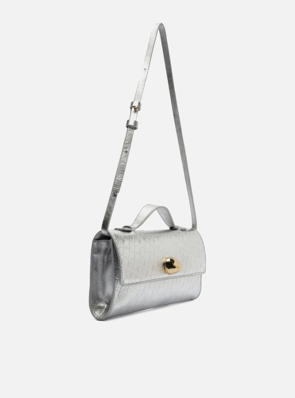 Bolsa Tiracolo Prata Couro Tressê Média Metal - Imagem 3