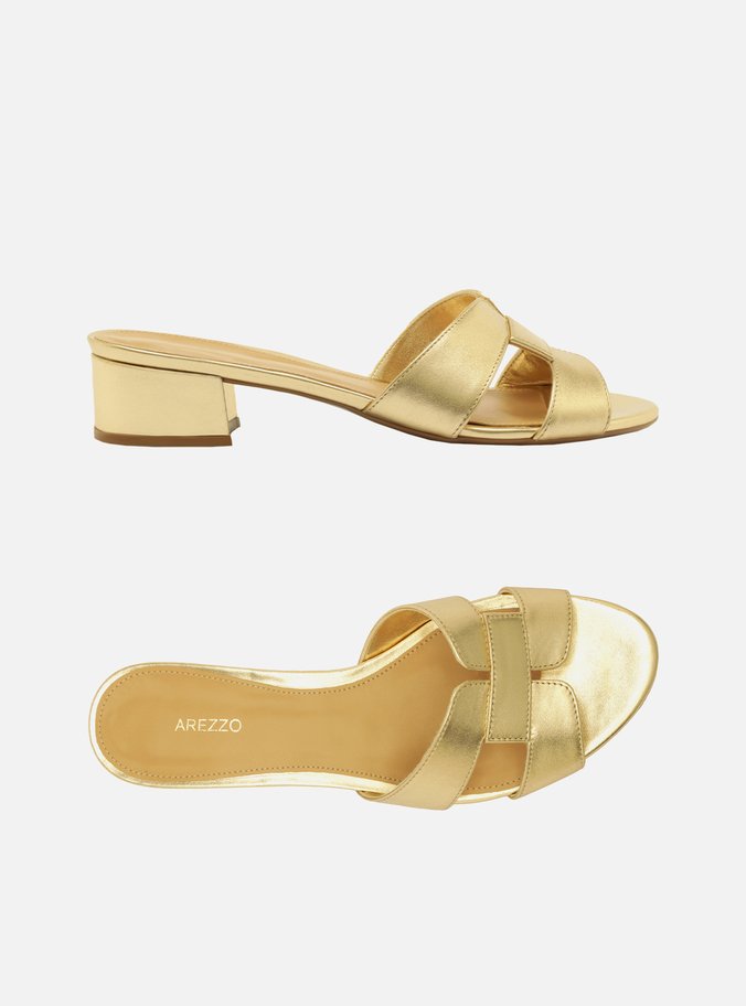 Mule Dourada Couro Salto Bloco - Imagem 2