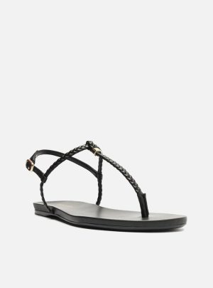 Sandália Rasteira Preta Slim Tiras Trançadas