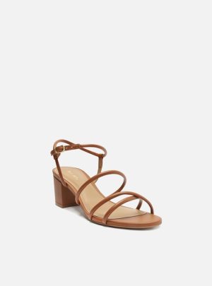 Sandália Caramelo Salto Médio Bloco Tiras Fivela