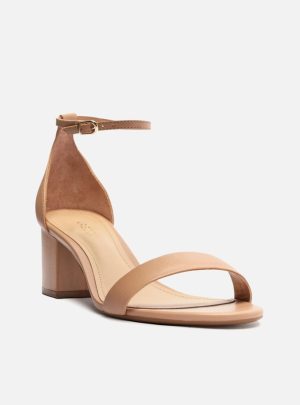 Sandália Nude Couro Salto Médio Bloco Isabelli