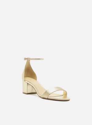 Sandália Dourada Couro Salto Médio Bloco Isabelli