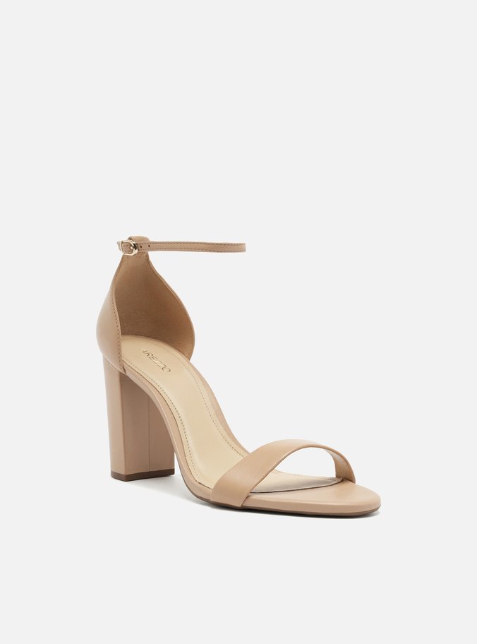 Sandália Nude Couro Salto Alto Bloco Isabelli