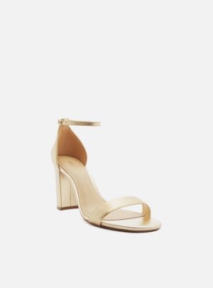 Sandália Metalizada Couro Salto Alto Bloco Isabelli