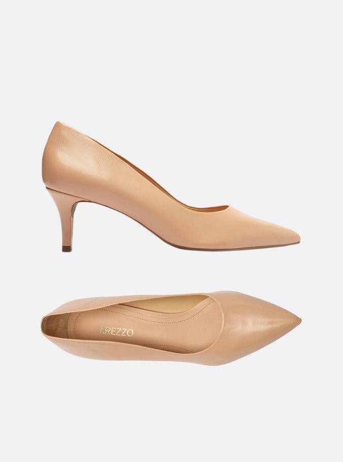 Scarpin Bege Couro Salto Baixo Fino Bico Fino - Imagem 3