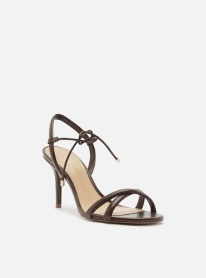 Sandália Marrom Salto Médio Fino Tiras Nó