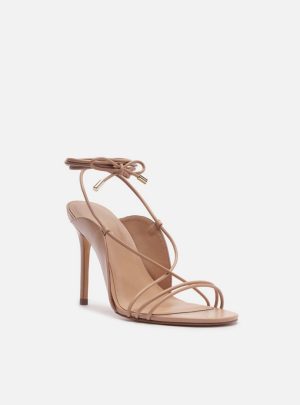 Sandália Bege Salto Alto Tiras Finas Amarração