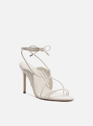 Sandália Off-White Salto Alto Tiras Finas Bordado