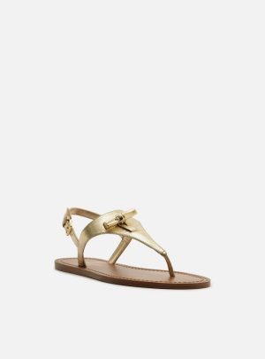 Sandália Rasteira Dourada Couro Tira Larga Metal