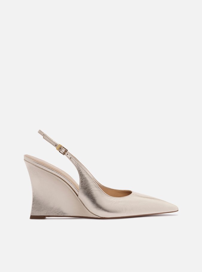 Scarpin Dourado Couro Salto Alto Anabela Slingback