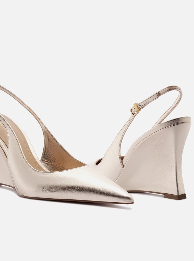 Scarpin Dourado Couro Salto Alto Anabela Slingback - Imagem 2