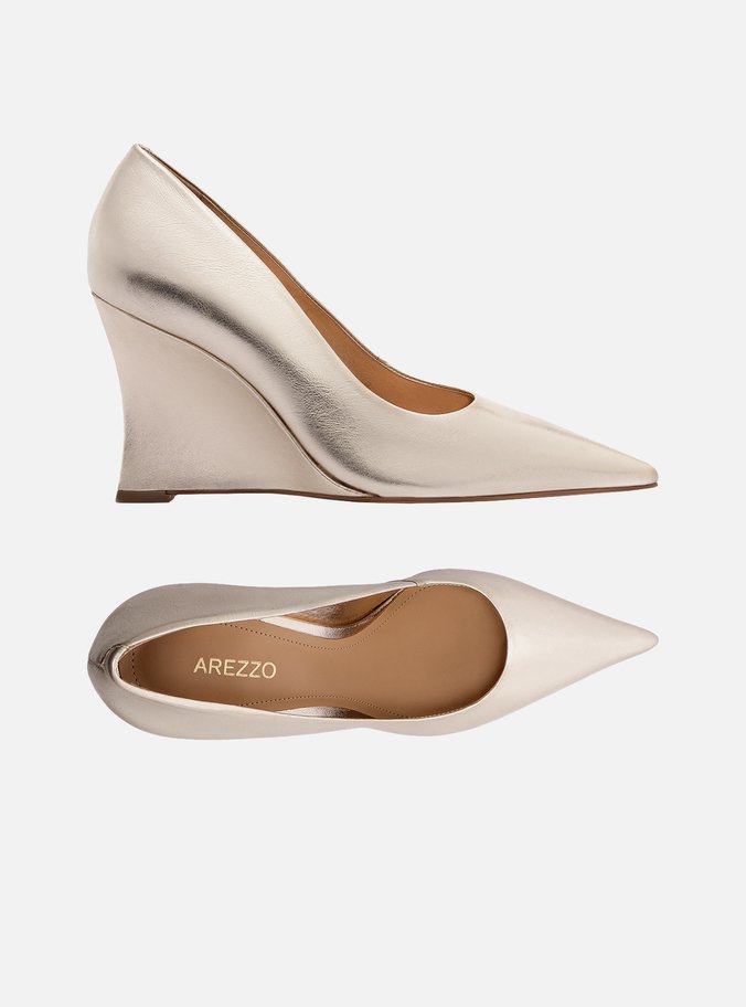 Scarpin Dourado Couro Salto Anabela Bico Fino - Imagem 2