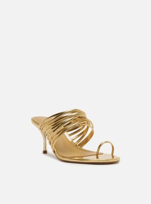 Sandália Dourada Salto Fino Multi Tiras