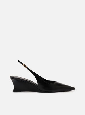 Scarpin Preto Couro Salto Baixo Anabela Slingback