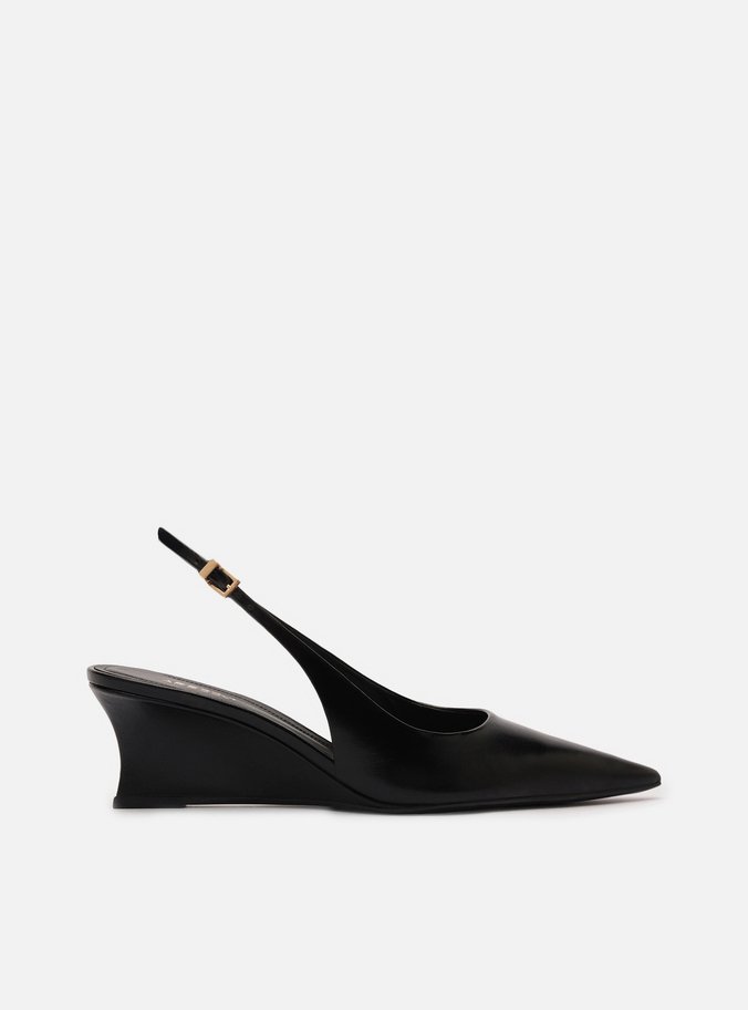 Scarpin Preto Couro Salto Baixo Anabela Slingback