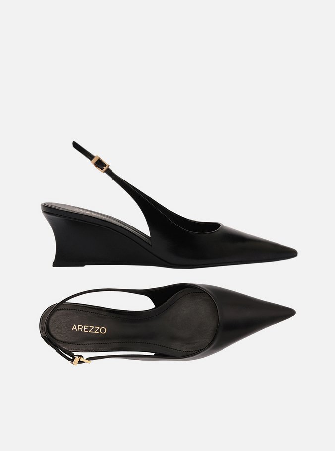 Scarpin Preto Couro Salto Baixo Anabela Slingback - Imagem 3