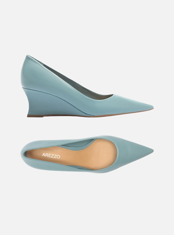 Scarpin Azul Couro Salto Baixo Anabela Bico Fino - Imagem 2