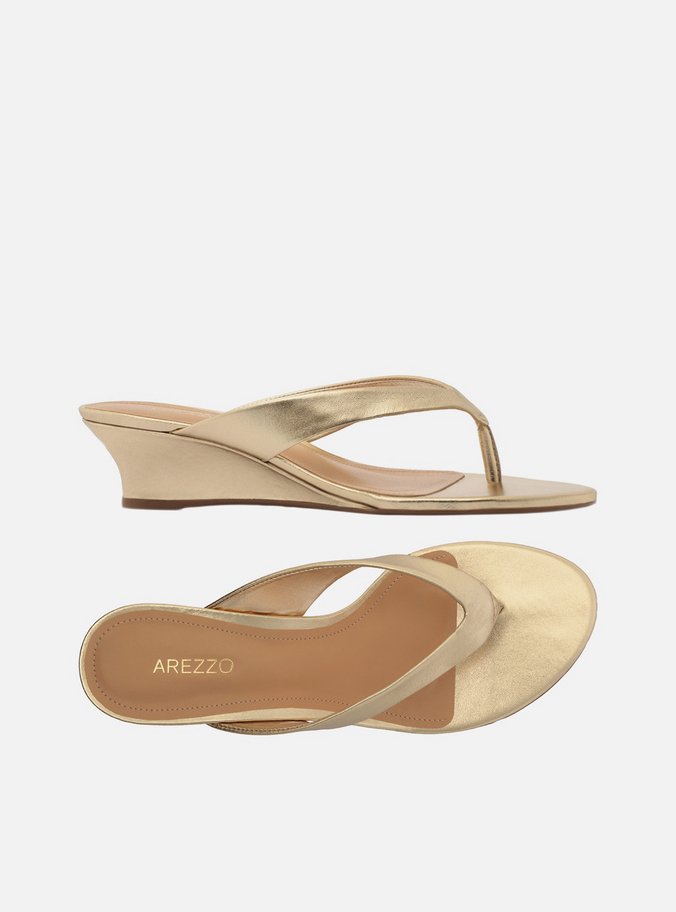 Tamanco Dourado Couro Salto Anabela Flip Flop - Imagem 3