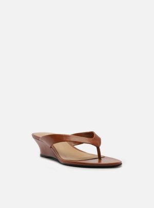 Tamanco Marrom Couro Salto Anabela Flip Flop