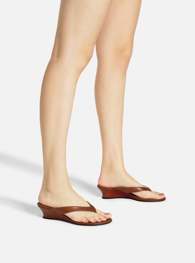 Tamanco Marrom Couro Salto Anabela Flip Flop - Imagem 2