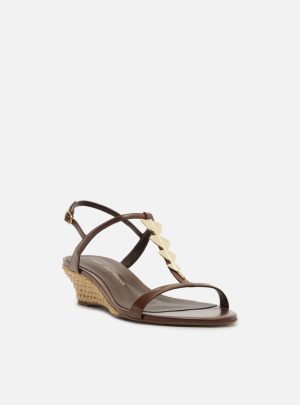 Sandália Marrom Couro Anabela Baixa Metais Lenny Niemeyer