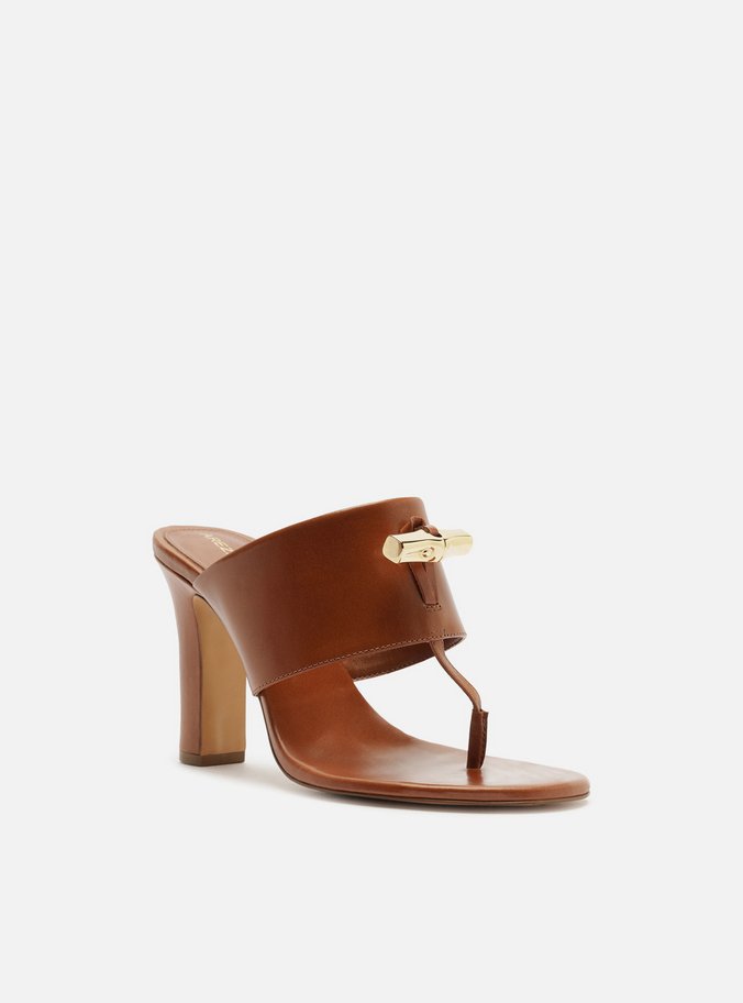 Sandália Marrom Couro Salto Médio Tira Thong