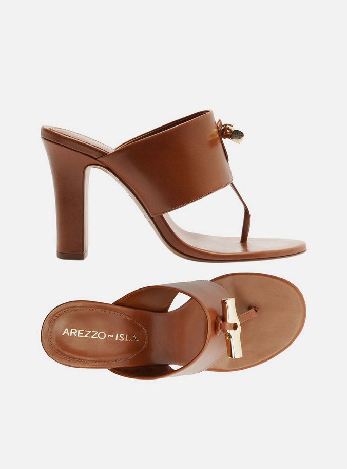 Sandália Marrom Couro Salto Médio Tira Thong - Imagem 3