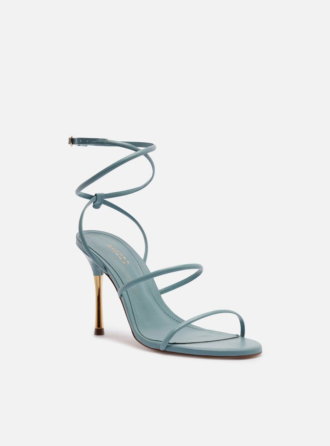 Sandália Azul Couro Salto Alto Tiras Finas