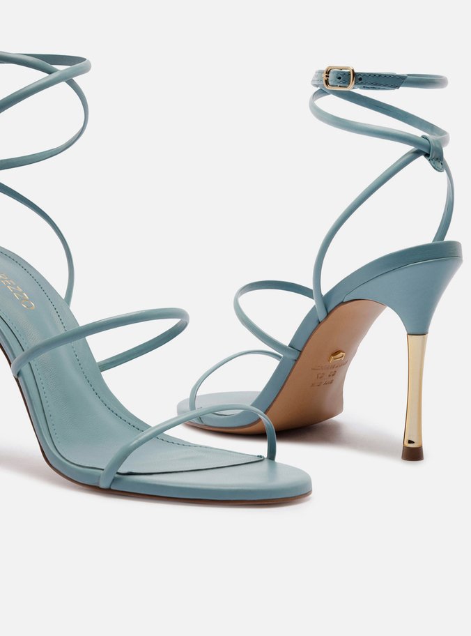 Sandália Azul Couro Salto Alto Tiras Finas - Imagem 2