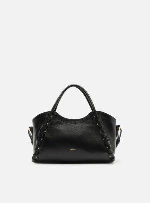 Bolsa Tote Preta Couro Média Tramado Rolotê