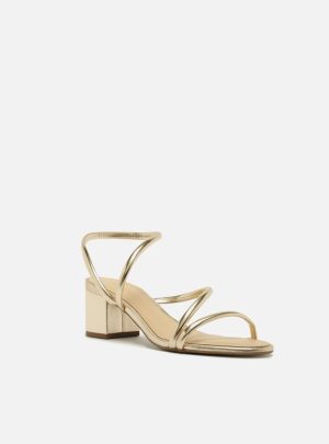 Sandália Dourada Salto Bloco Tira Curva