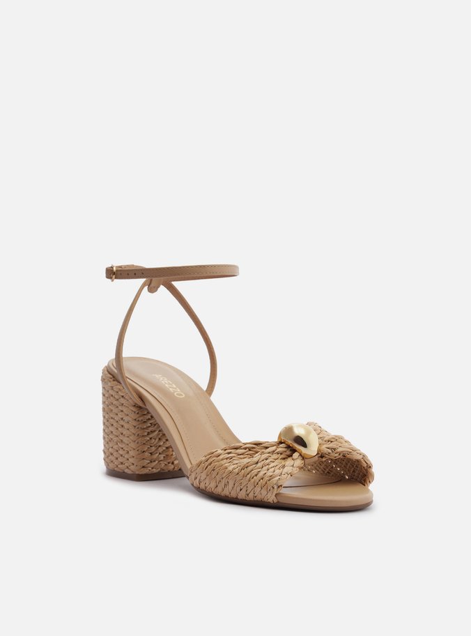 Sandália Bege Palha Salto Bloco Tira Metal