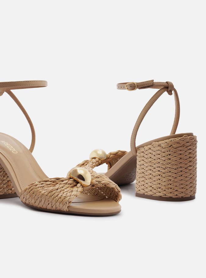 Sandália Bege Palha Salto Bloco Tira Metal - Imagem 2