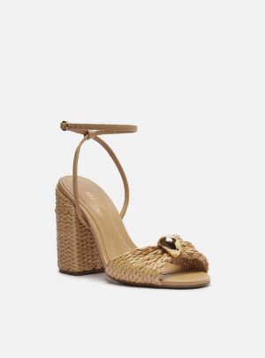 Sandália Bege Palha Salto Bloco Tira Metal