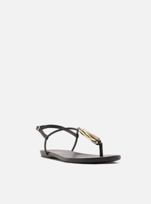 Sandália Rasteira Preta Slim Metal Dourado