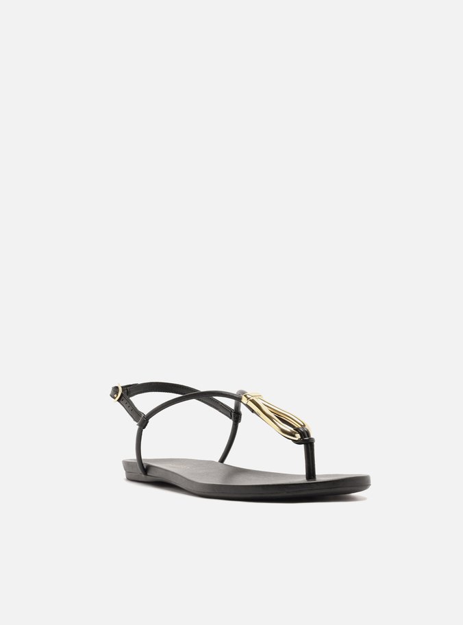 Sandália Rasteira Preta Slim Metal Dourado