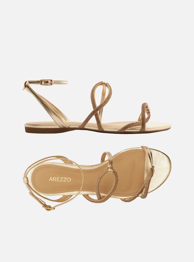 Sandália Rasteira Dourada Strass Tiras Curva - Imagem 2