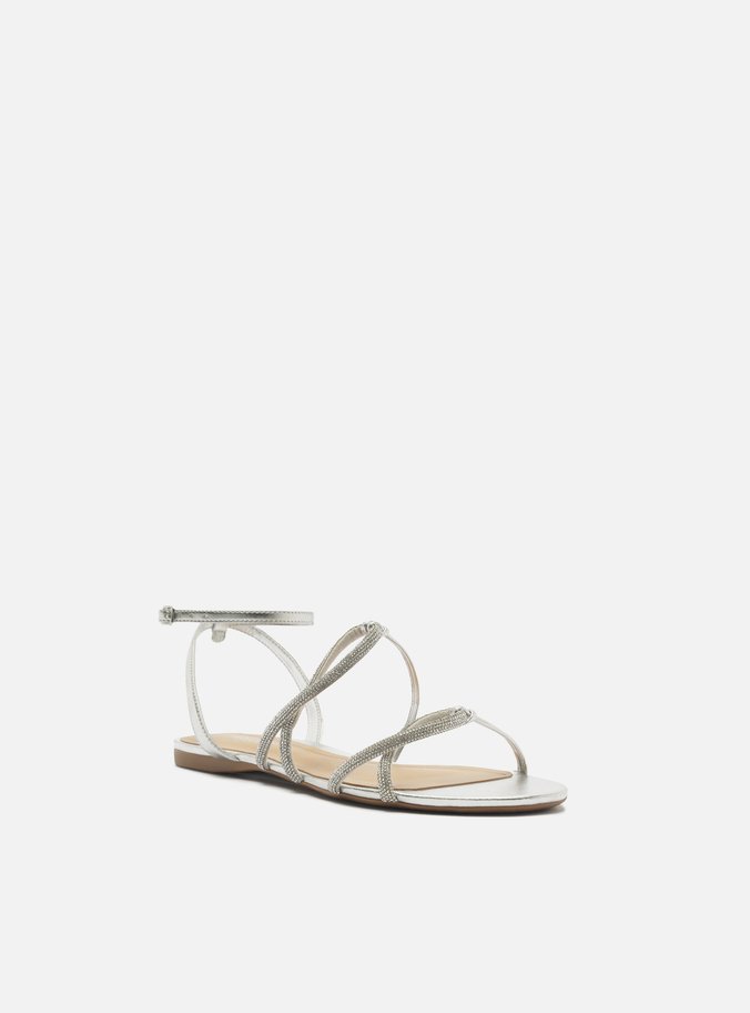 Sandália Rasteira Prata Strass Tiras Curva