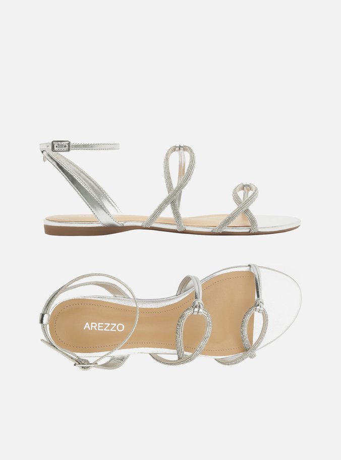 Sandália Rasteira Prata Strass Tiras Curva - Imagem 2