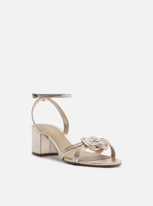 Sandália Dourada Salto Bloco Enlace Central