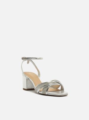 Sandália Prata Salto Bloco Strass Enlace