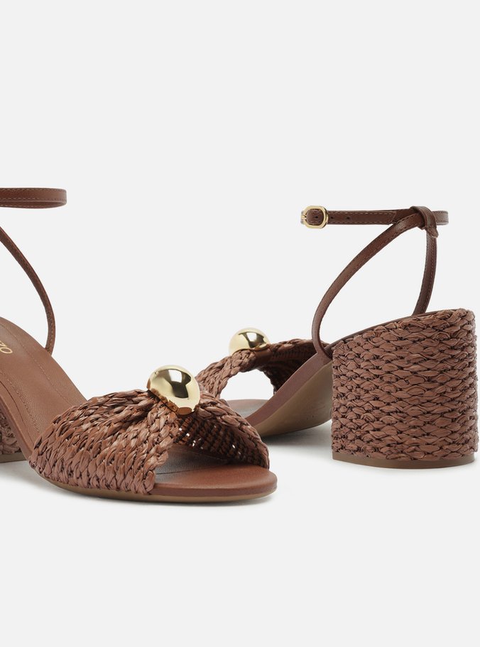 Sandália Marrom Salto Médio Bloco Tramado Metal - Imagem 3