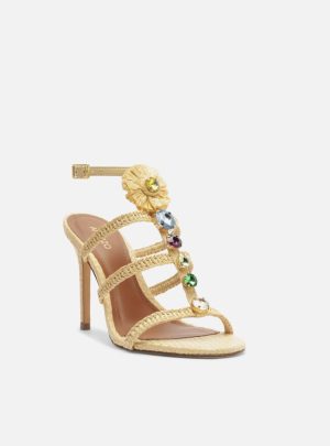 Sandália Bege Ráfia Salto Alto Pedrarias Flores