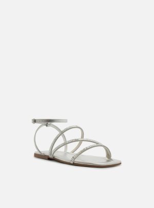 Sandália Rasteira Prata Tiras Aplicações